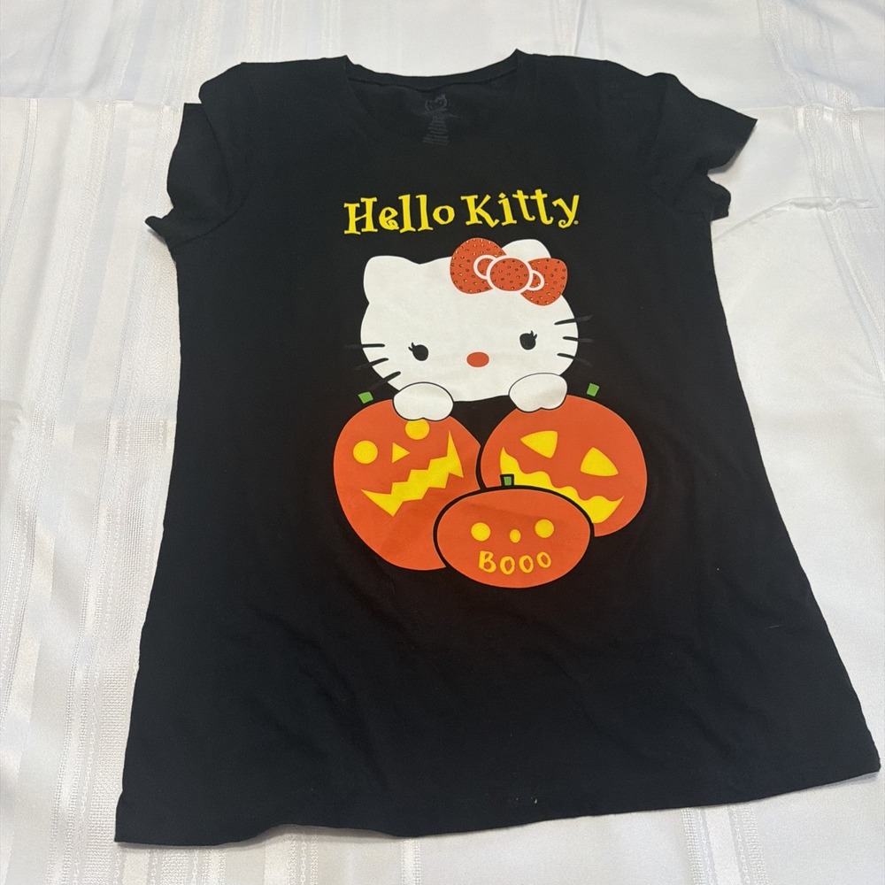 Hello Kitty Sanrio Halloween Black Graphic T-Shirt Junior XL 15/17 Pumpkins 2012